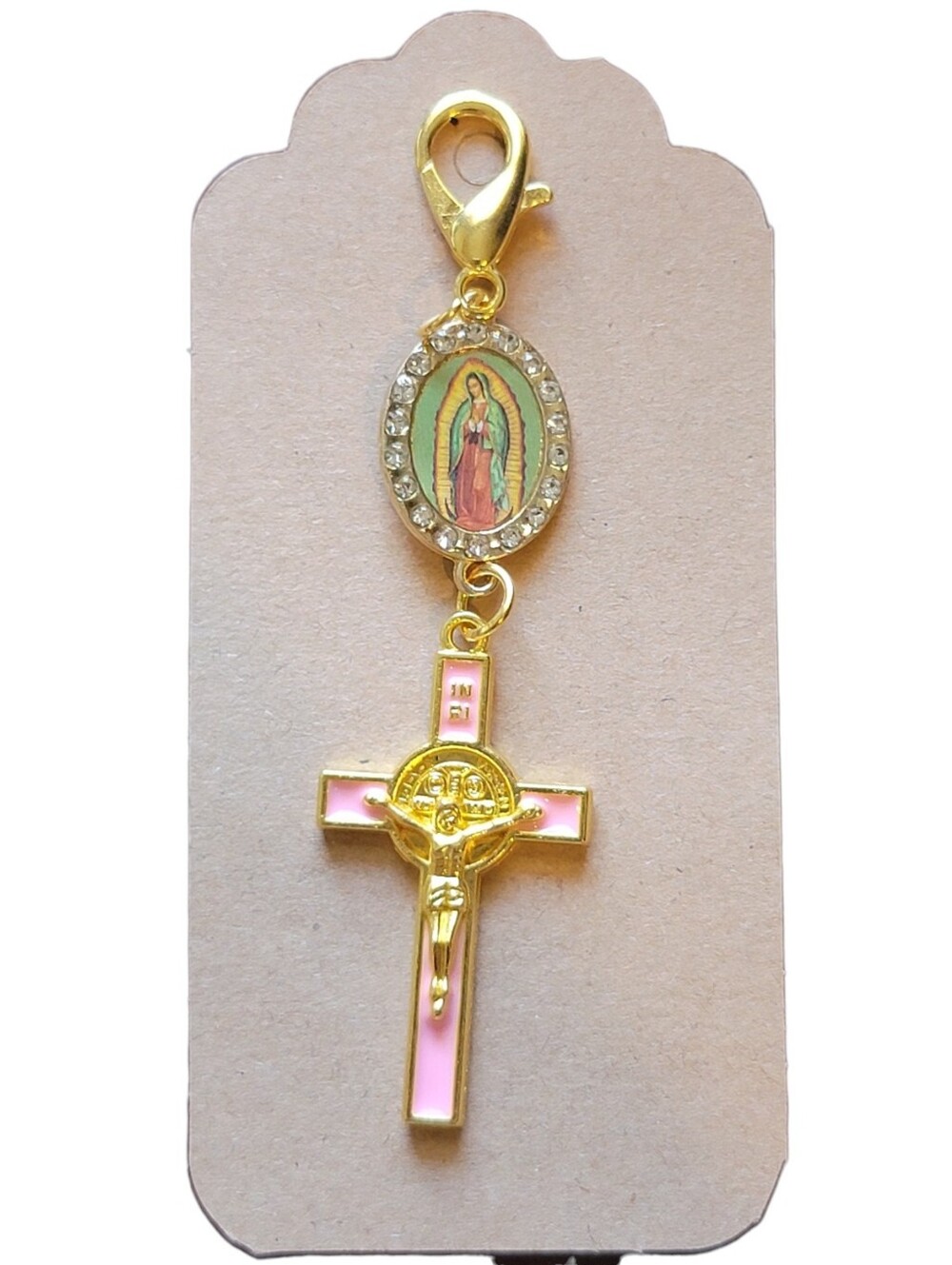 Our Lady of Guadalupe Charm & St Benedict Pink Crucifix Zipper Pull  Keychain